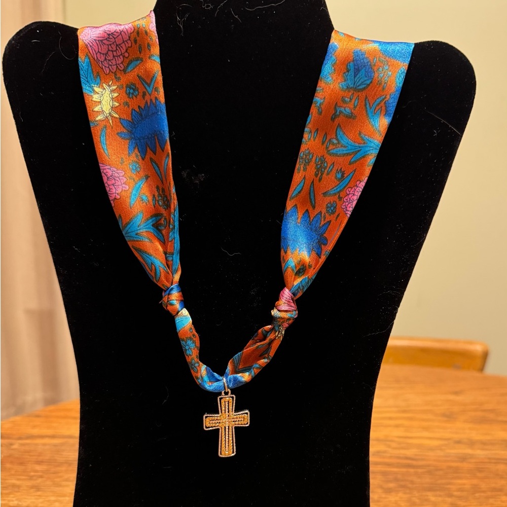 Set of 2 Floral Silk Necklaces with Cross Pendant and Gold Tone Cross. New